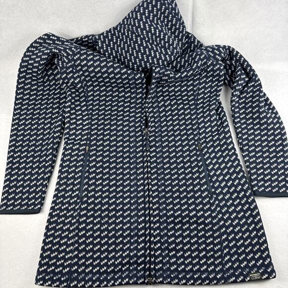 LL Bean Jacket Womens Medium Blue Birdseye Sweater Fleece Coat Full Zip Hood - Picture 4 of 7